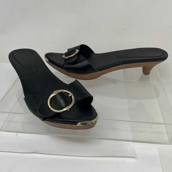 Yves Saint Laurent Sz 37 Black Leather Wood Low Heel Slide Sandals - Picture 1 of 9
